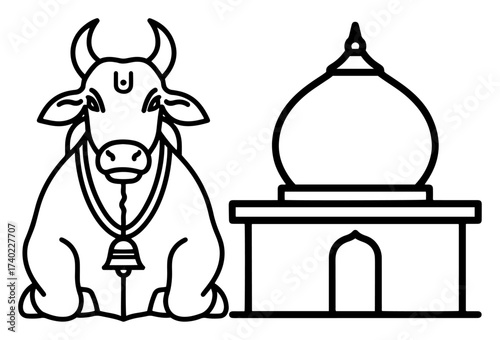 Sacred Cow and Hindu Temple Line Art Vector