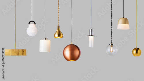 Assorted hanging lamps in metallic and white finishes glass