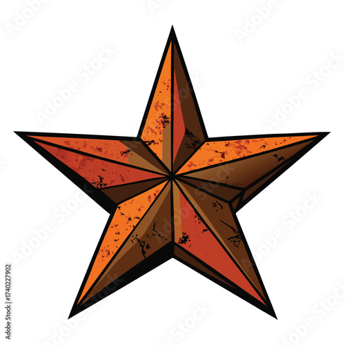 Isolated five-pointed star made of heavy, rusted cast iron, showing rough texture, pitting, and a rugged, industrial, or western theme.