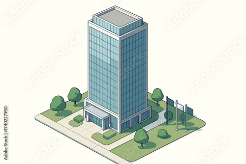 Landscaped skyscraper illustration vector headquarters entrance glass walls corporate flagpoles