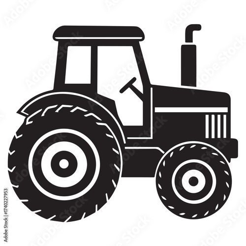 A simple black and white tractor icon isolated on white background, representing agriculture and farming, a symbol of rural life and agricultural machinery, perfect for designs related to farming