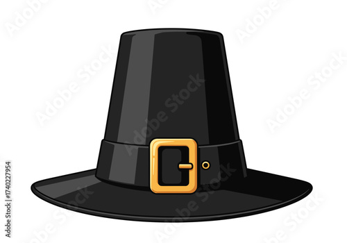 A black pilgrim's hat with a gold buckle on a transparent background