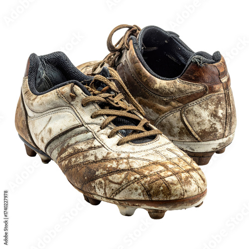 Used soccer cleats, covered in mud and dirt.  Pair of worn leather sports shoes