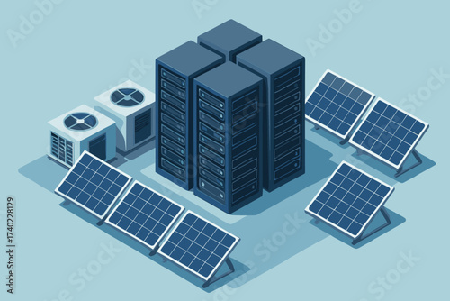 Vector racks open cooling powered systems solar space farm illustration panels server