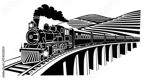 Steam Locomotive on Mountain Viaduct Line Art