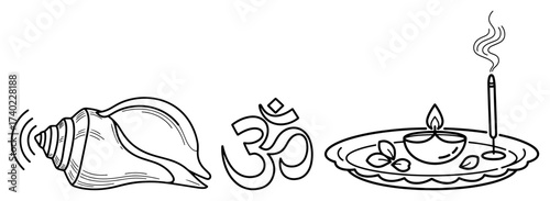 Hindu Puja Symbols with Om Diya and Incense Line Art