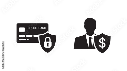 Credit card security and financial advisor icons black vector glyphs for secure online payments and investment protection isolated on white background
