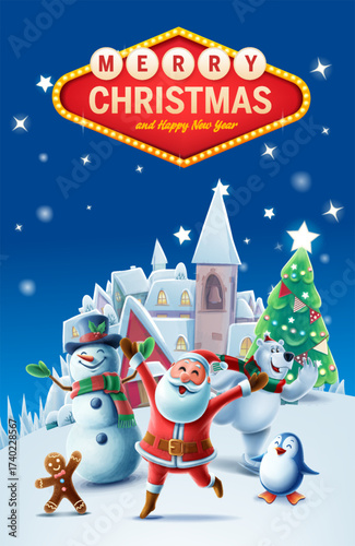Christmas village illustration with Santa Claus, snowman, bear, penguin and gingerbread with light board