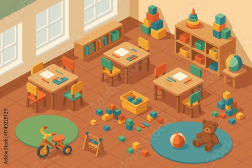 Blocks classroom small vector rugs illustration colorful soft tables kindergarten