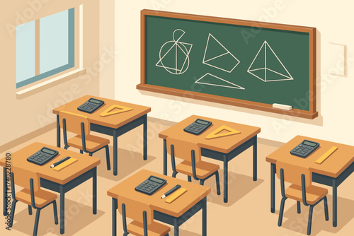 Illustration vector calculators rulers geometric shapes chalkboard classroom math full