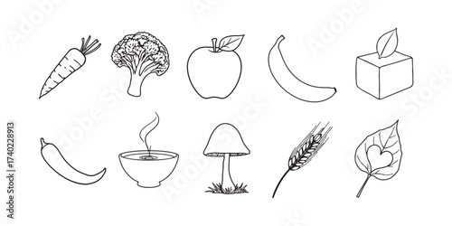 Vegan Food Icons, Healthy Plant-Based Ingredients in Line Art Vector