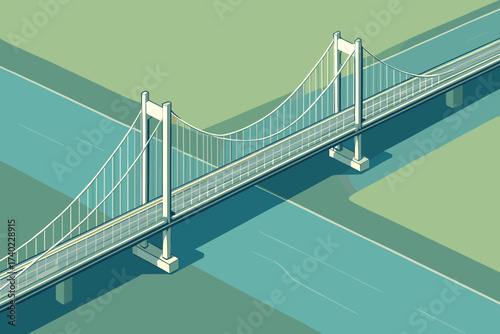 Illustration rising across towers wide bridge vector high suspension river