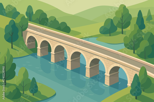 Both multiple stone water illustration hills arch vector bridge spans
