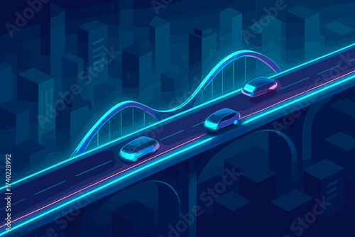 Hovering bridge illustration neon rails background abstract vehicles vector futuristic
