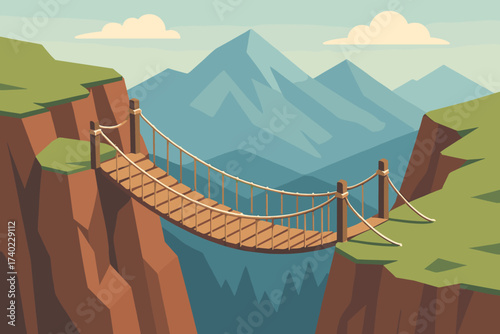 Isometric hanging swaying illustration rope mountain bridge backdrop slightly suspension between vector
