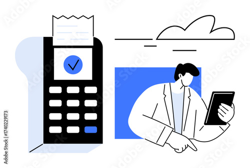 POS terminal with receipt and checkmark alongside a professional holding a tablet. Ideal for payment processing, e-commerce, technology, business solutions, finance, digital transactions, modern