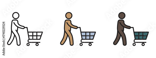 Diverse People Pushing Shopping Carts Icon Set