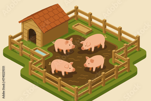 Enclosure fencing troughs muddy wooden feeding pigsty scene pigs vector isometric illustration