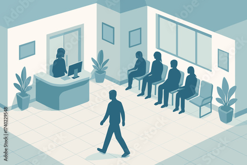 Isometric waiting silhouettes patients chairs vector area desk illustration hospital reception interior