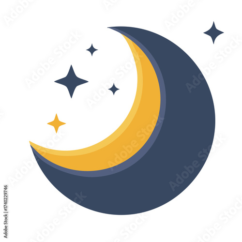 Stylized crescent moon with twinkling stars representing nighttime dreams and celestial beauty