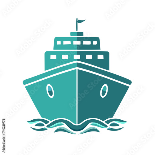 Modern Cruise Ship Sailing Through Stylized Blue Waves Front View