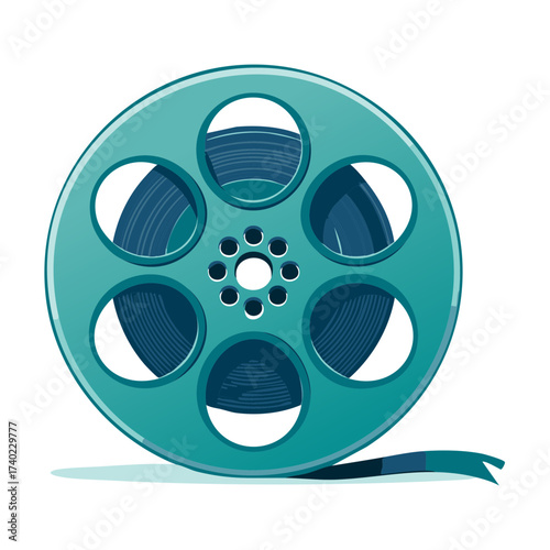 Stylized teal movie reel with film strip, a retro symbol for cinema and video production
