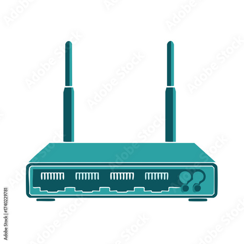 Illustrated teal network router with antennas, simple graphic