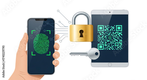 Illustration of mobile security with fingerprint and qr code isolated on white