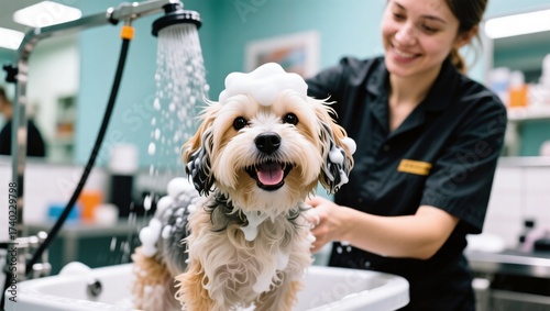 showering the dog