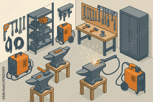Tools illustration welding sparks shelves anvils vector workshop machines area metalworking