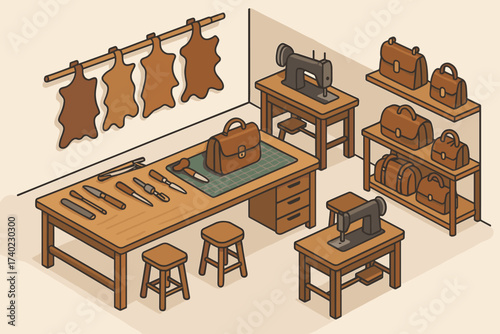 Hides cutting illustration bags stitching hanging vector workshop isometric shop leatherworking tools