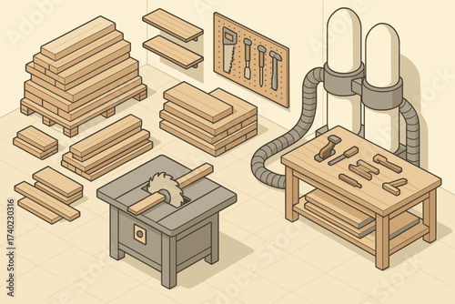 Woodworking workshop circular dust collection illustration stacks scene vector shop saw lumber