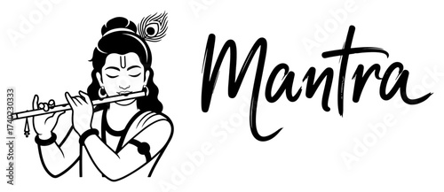 Lord Krishna Playing Flute with Mantra Lettering