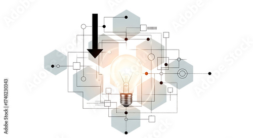 Vector art of light bulb with arrow and hexagon shapes
