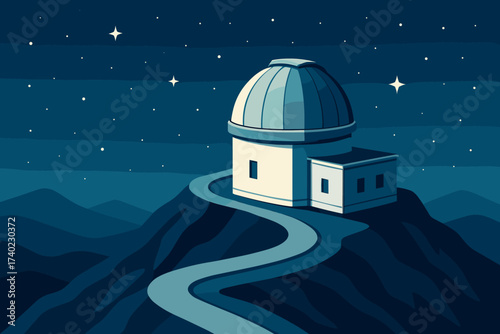 Starry mountain roof vector observatory night nightscape domed winding illustration road above