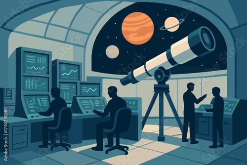Aimed view vector telescope control planets observatory illustration silhouettes exploration interior scientist