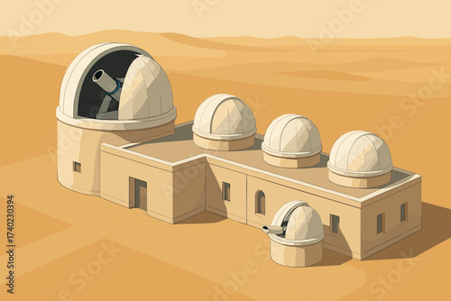 Telescopes desert domes multiple observatory illustration aligned view vector clear horizon wonders
