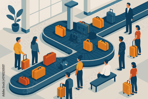 Illustration stylized passengers claim waiting vector suitcases airport simplified area conveyor baggage