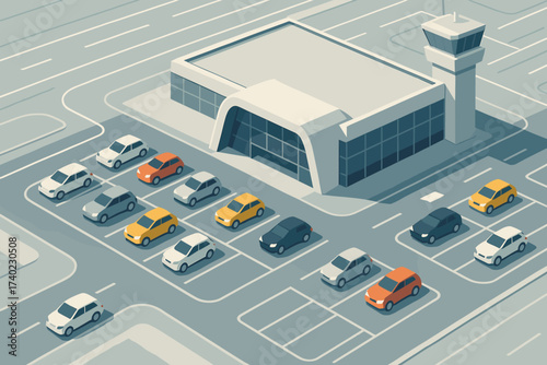 Airport arranged around parking lanes illustration cars visible stylized geometric isometric vector