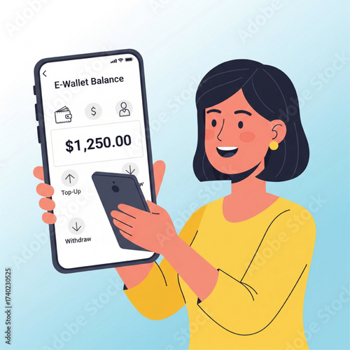 Illustration of a happy woman using a financial technology application on her mobile device to view her digital wallet funds