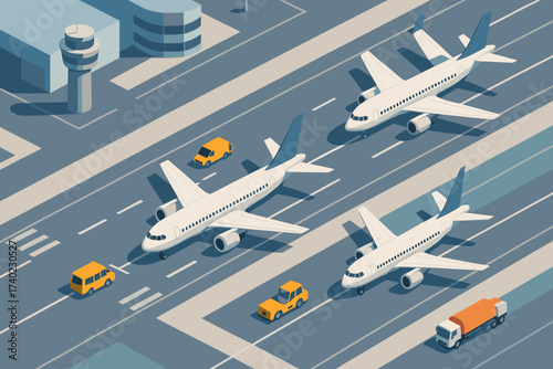 Vector nearby crew positioned illustration vehicles multiple airport scene lined isometric aircraft