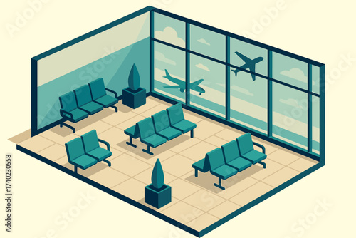 Airport silhouettes plane waiting seating stylized illustration clean vector lounge geometric