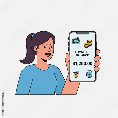 Woman Checking E-Wallet Balance on Smartphone Illustration