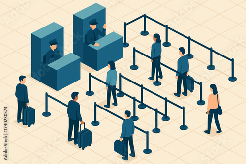 Airport isometric booths officers vector illustration waiting abstract lines geometric customs area