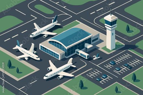 Parking integrated airport vector runways illustration overview complex geometric isometric tower