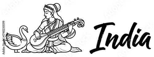 Goddess Saraswati Playing Veena with Hamsa and India Lettering Line Art