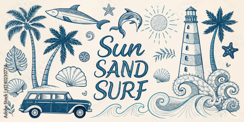 Illustration featuring beach themed elements like palm trees, lighthouse, sea life and vintage car