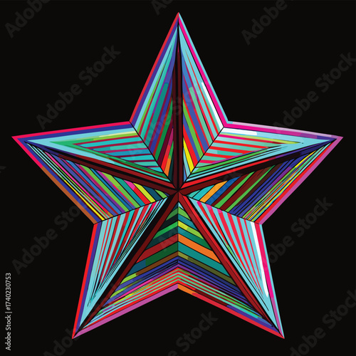 Isolated star shape crafted from shifting holographic material, displaying an iridescent, rainbow-like spectrum of colors as if constantly moving.