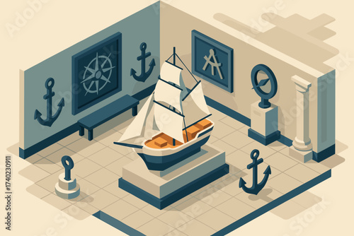 Interior isometric walls art frames museum benches vector gallery simplified illustration wonders