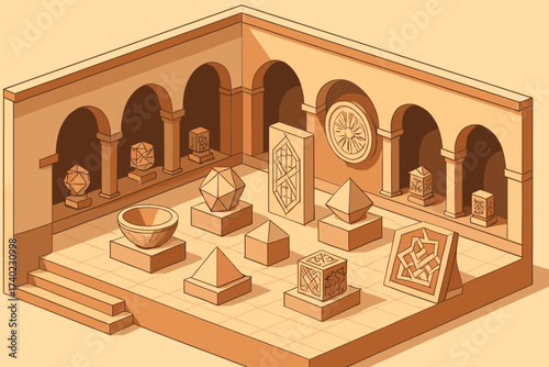 Archways courtyard artifacts illustration museum geometric cultural vector traditional isometric